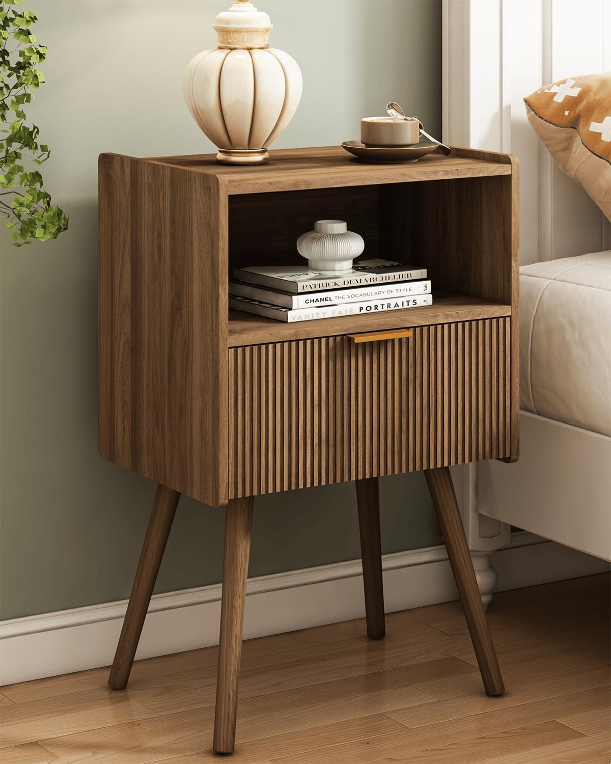 Bedside Table with Open Wood Shelf, for Living Room, Bedroom and Small Spaces, Accent Night Stand with Solid Wood Legs, Easy Assembly,Walnut Brown